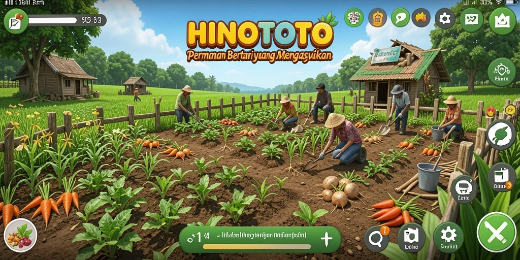 Screenshot gameplay HINOTOTO dengan aktivitas bertani yang menyenangkan.